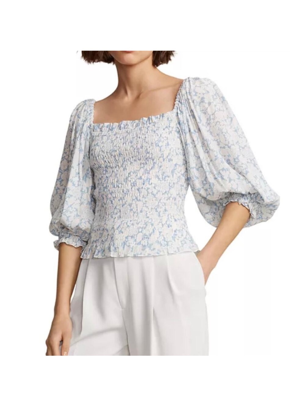 Polo Ralph Lauren Blue Floral Smocked Square-Neck Puff Sleeve Smocked Crop Too